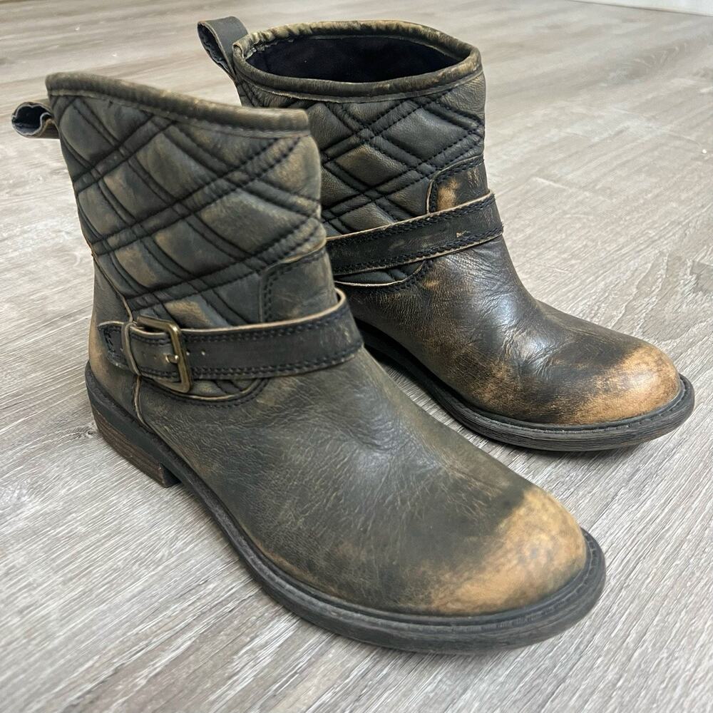 Lucky Brand Booties 7.5 Leather Quilted Nordic Ankle Boots Buckle Boho Western